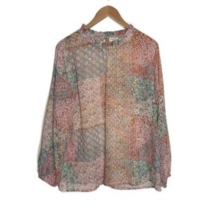 World Market pastel patchwork print sheer long sleeve top w/ pleated collar